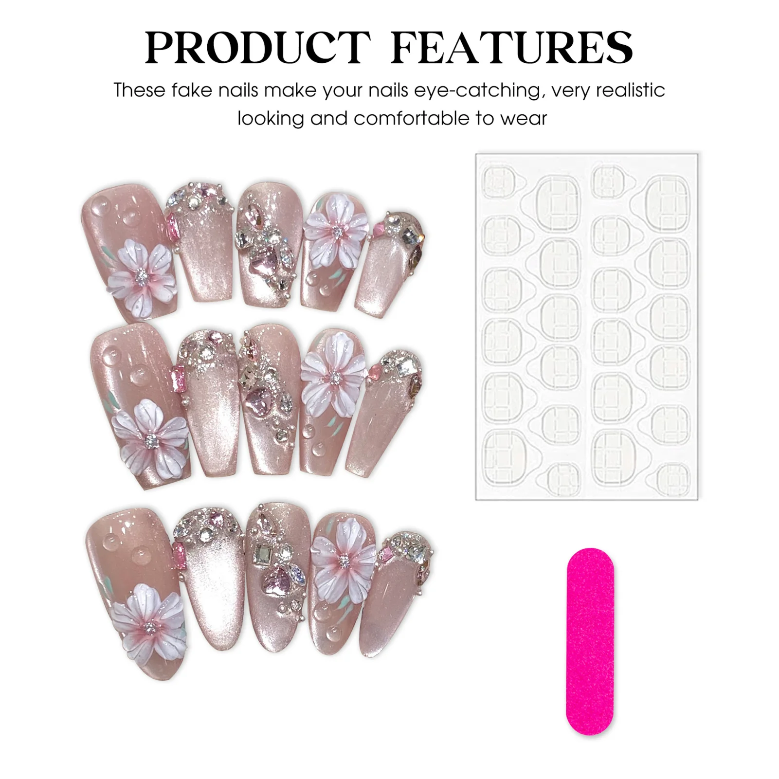 Artesanal Rosa Flash Unhas Postiças, Olho de Gato, Pressione Unhas com Flor, Projetos de Diamante Brilhante, Cobertura Completa Pontas De Unhas De Bailarina, 10Pcs