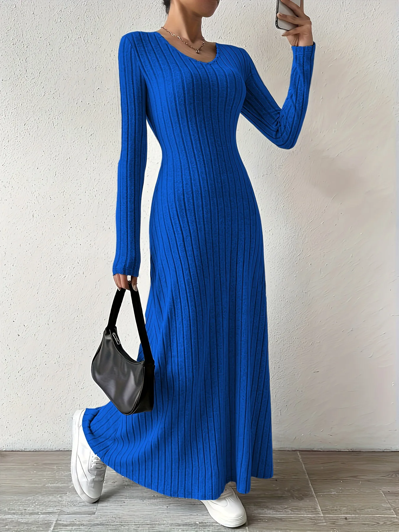 Women 2026 New Long Sleeve V Neck Knitted Sweater Maxi Dress Ladies Casual Long Dress