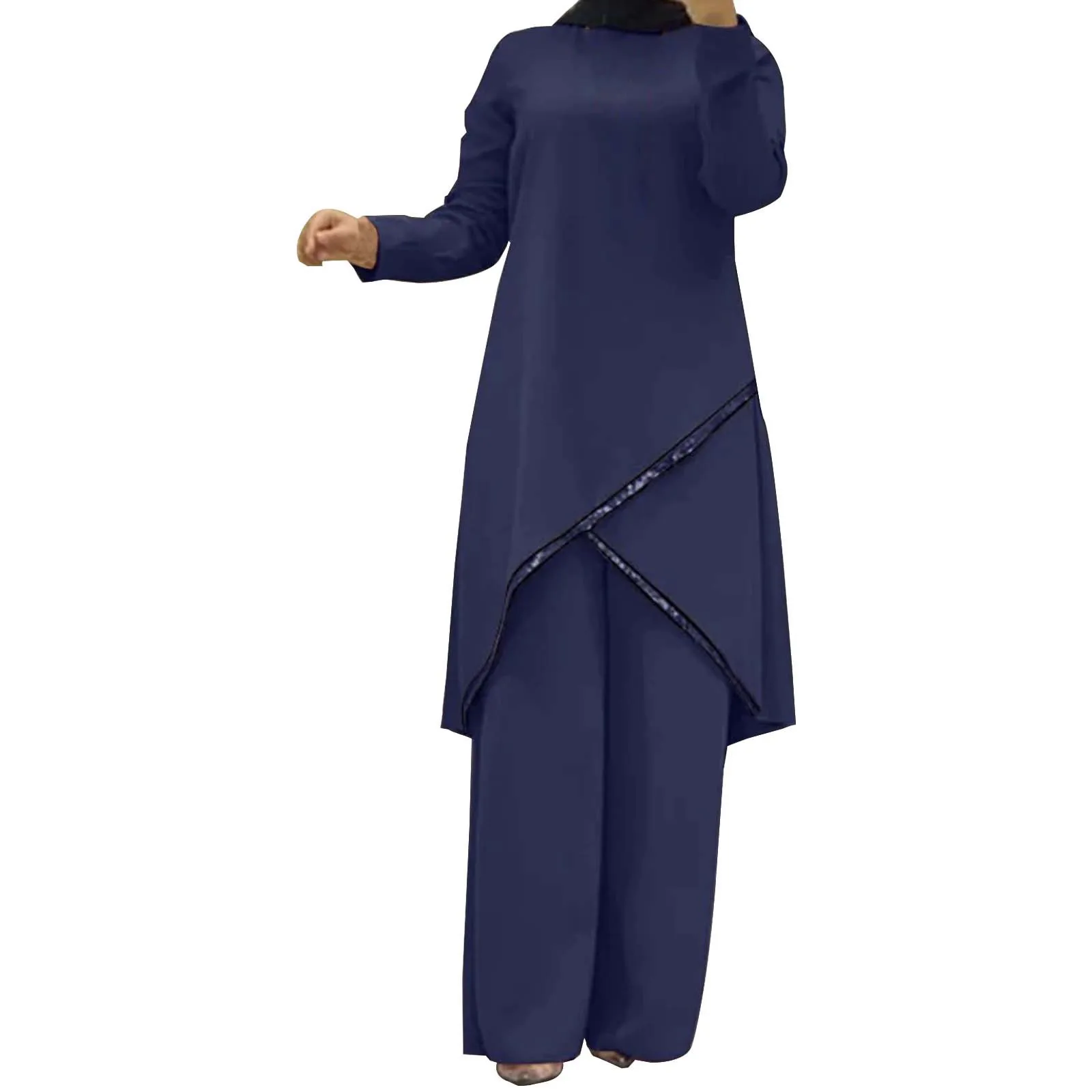 Summer Muslim Sets Long Sleeve O-Neck turkish Blouse Wide Leg Pant Suit 2PC Casual Solid Women Matching Set Ladies Outfits