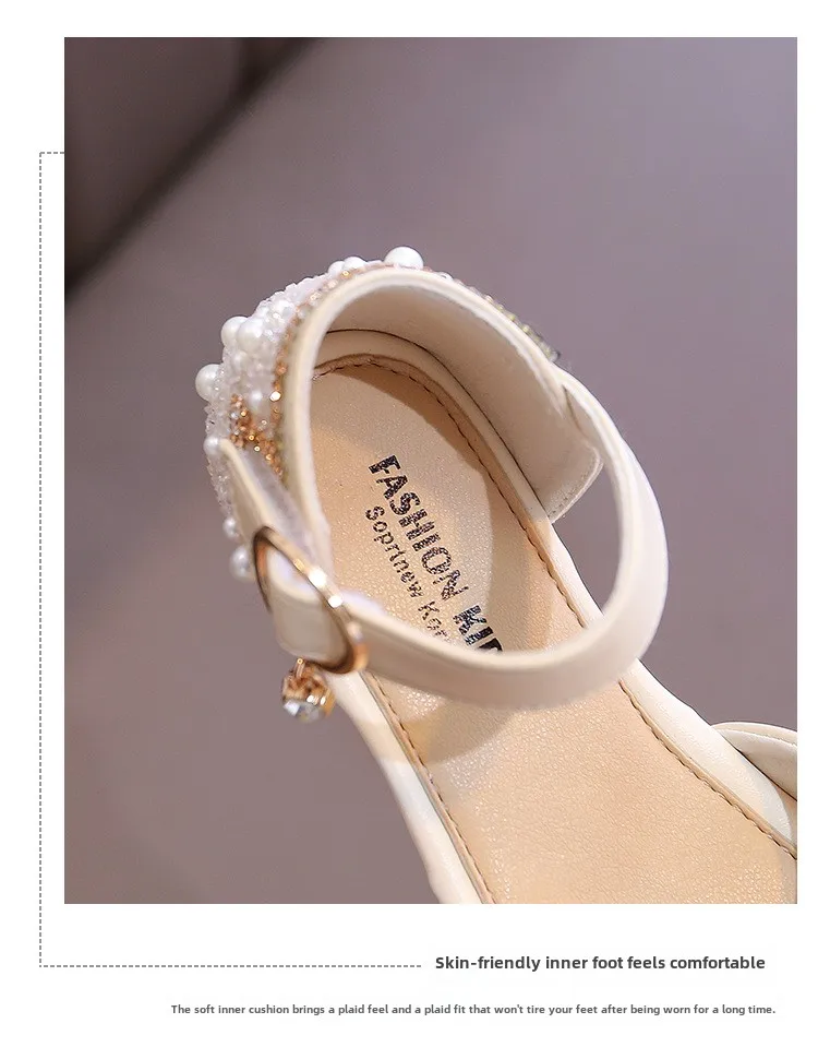Mädchen-Sandalen, modische Prinzessinnen-Schuhe, Frühling, Sommer, glitzernde Perlen-Pailletten, flache Sandalen, einfache Kinderschuhe, Party, Hochzeit – Detail 6