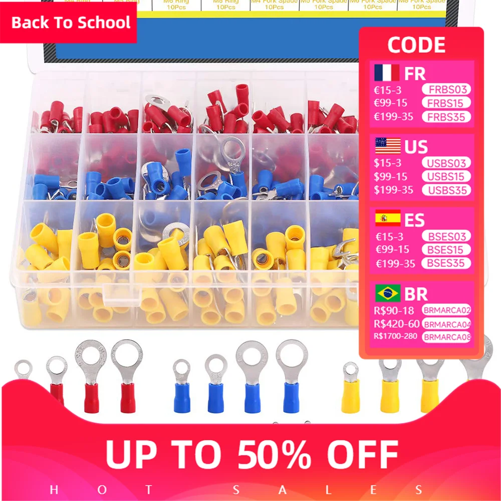 

360 шт. 22-16/16-14/12-10 Калибр быстрое отключение электрическая Изолированная лопатка вилка кольцо паяльника обжимные клеммы соединители комплект