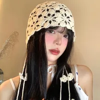 Handmade Hollow Crochet Hats for Women Knitted Beanies Cap Ethnic Tie Pullover Hat Autumn Winter Breathable Crochet Caps - Image 2