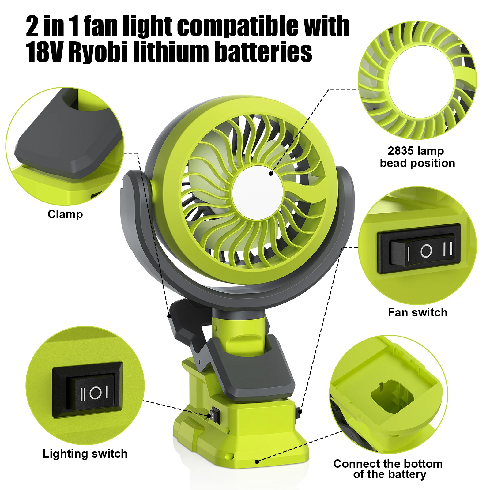 Bonacell Cordless Fan For Roybi P107 P108 Battery 18V Fan Light 2 in 1 Compatible With Roybi 18V Li-ion Batteries Wireless fan