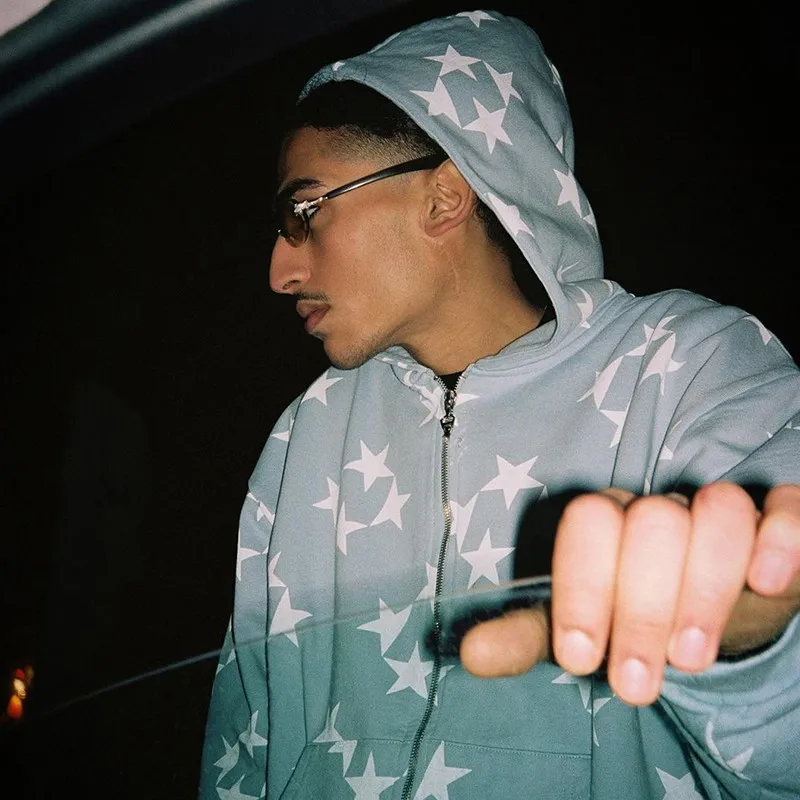 سترة بغطاء رأس كبيرة الحجم بسحاب للرجال والنساء ، جاكيت بغطاء رأس ، ملابس الشارع ، ملابس الحروف ، قوطية ، مطبوعة ، نجمة ، رسومات ، جرنج ، خريف ، Y2K