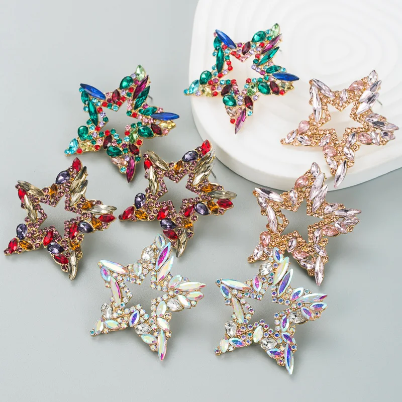 Temperament exaggerated five-pointed star diamond earrings trendy fashion personality high quality ball stud earrings