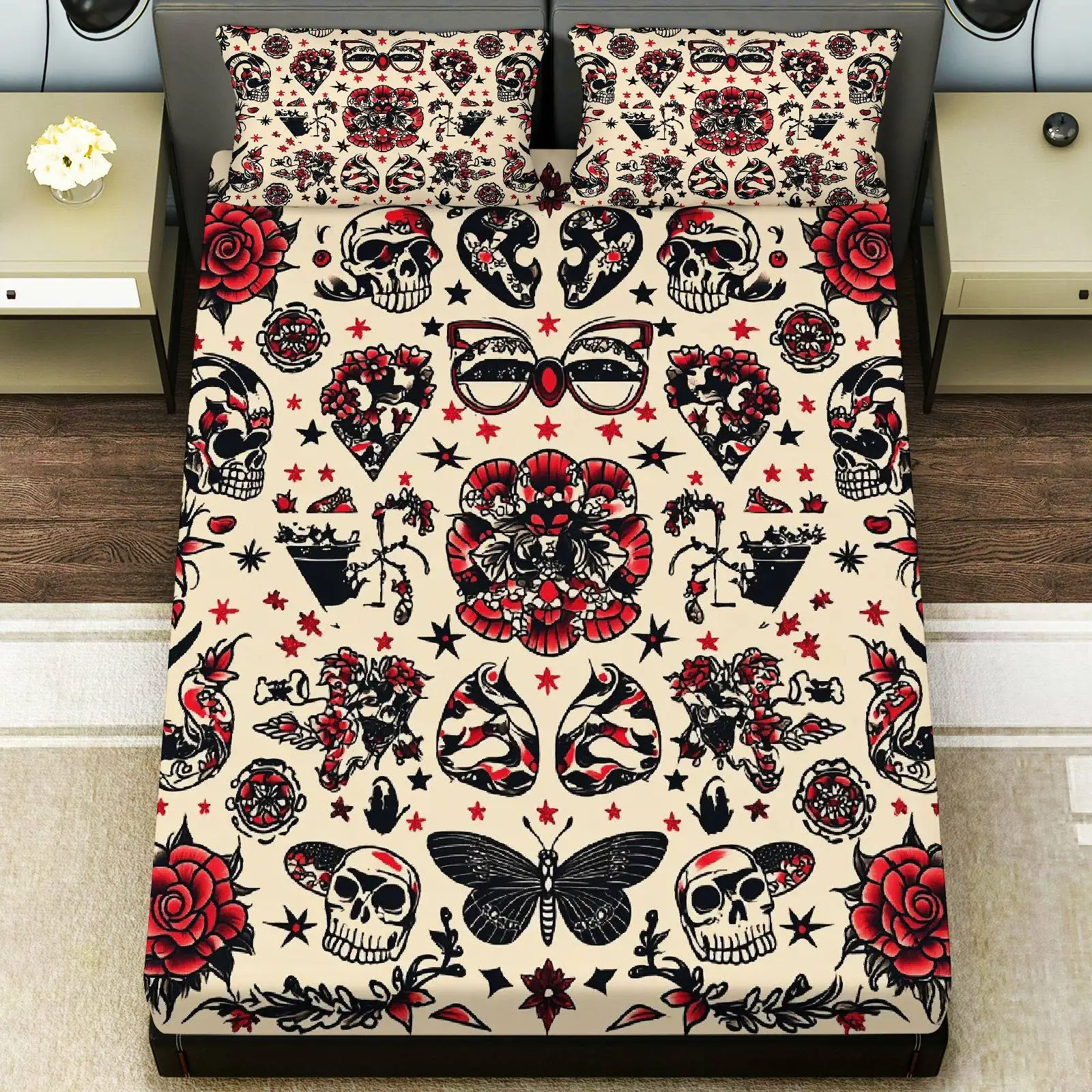 A Three-Piece Set That Includes One Fitted Sheet and Two Pillowcases, Featuring a Halloween-Themed Design with Skull, Rose, and Heart Patterns This Gothic Tattoo Bedding Is Soft and Breathable, and Can Also Be Used as a Mattress Protector.