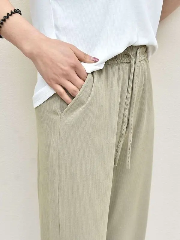 

Новые летние женские брюки из ледяного шелка с широкими штанинами, повседневные, с низкой посадкой, из ПВХ и других материалов, 00%