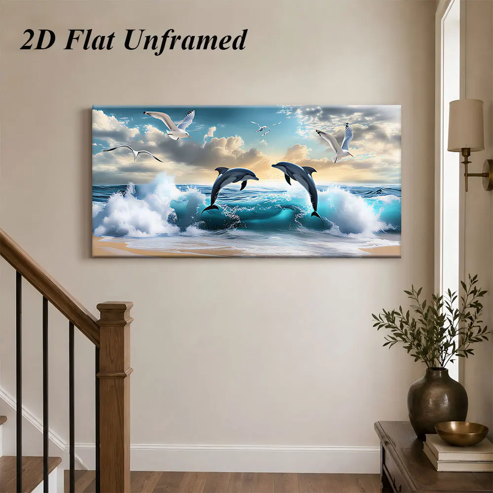 1 Dolphin Seagull Wave Frameless Decorative Painting Living Room Bedroom Modern Minimalist Art Painting Seaside Landscape Home D
