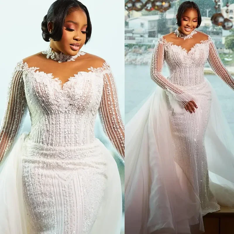 Customized Plus Size Elegant Heavy Appliques Beads Wedding Dress Vestido De Noiva  Long Sleeves Bridal Gown with Removable Skirt