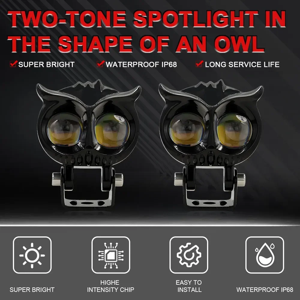 1PC Motorcycle Led Spotlight Owl Design Hi/Lo Beam Dual Color Projector Lens Headlight Auxiliary Lamp Scooter ATV Fog Car Light