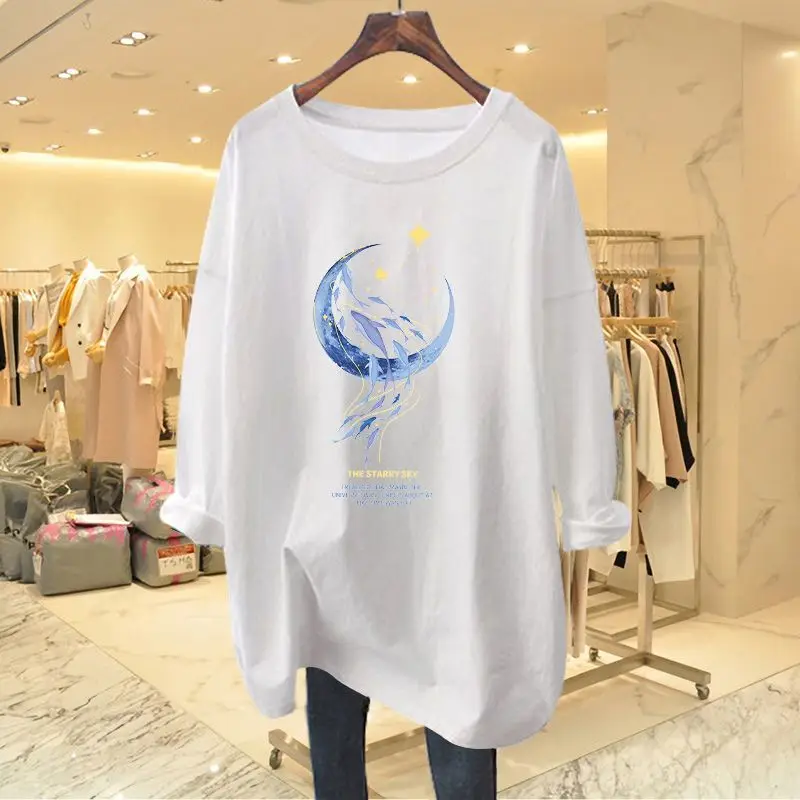 Women Clothing Chic Moon Whale Print T-shirts Autumn Casual Fashion Pure Cotton Long Sleeve Top Tee Office Lady Loose Pullovers