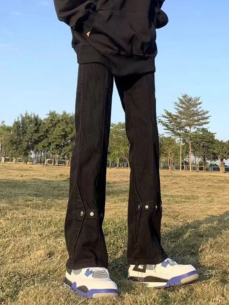 

American High Street Vibe Bla Buttoned Men's Jeans Loose Straight Leg Micro Flared Pants mid Waist Zipper Casual Denim