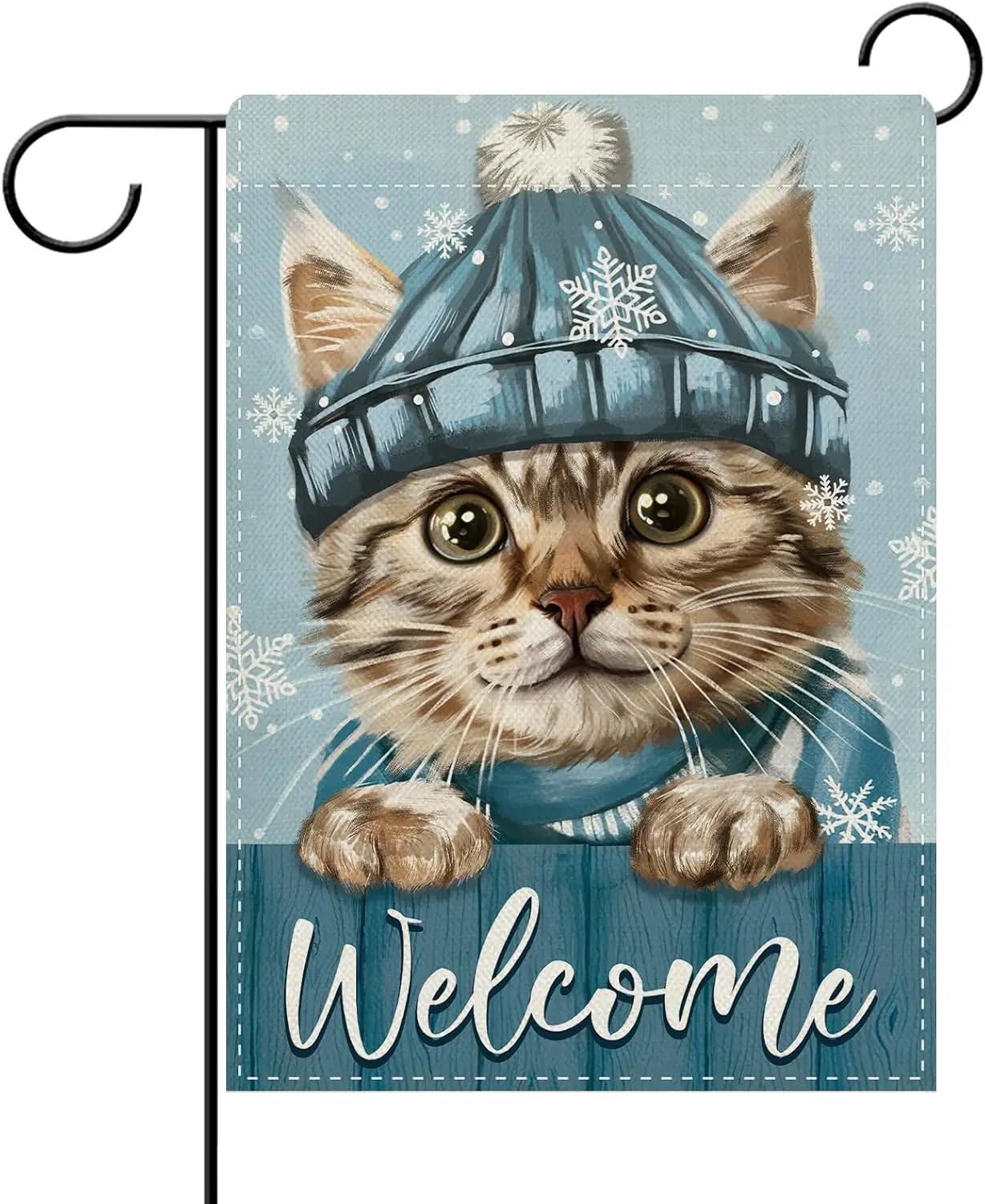Dyrenson Welcome Winter Tabby Cat Blue Decorative Garden Flag, Snowflake Yard Outside Home Decoration Pet Owner Lover Gift,  EEZ