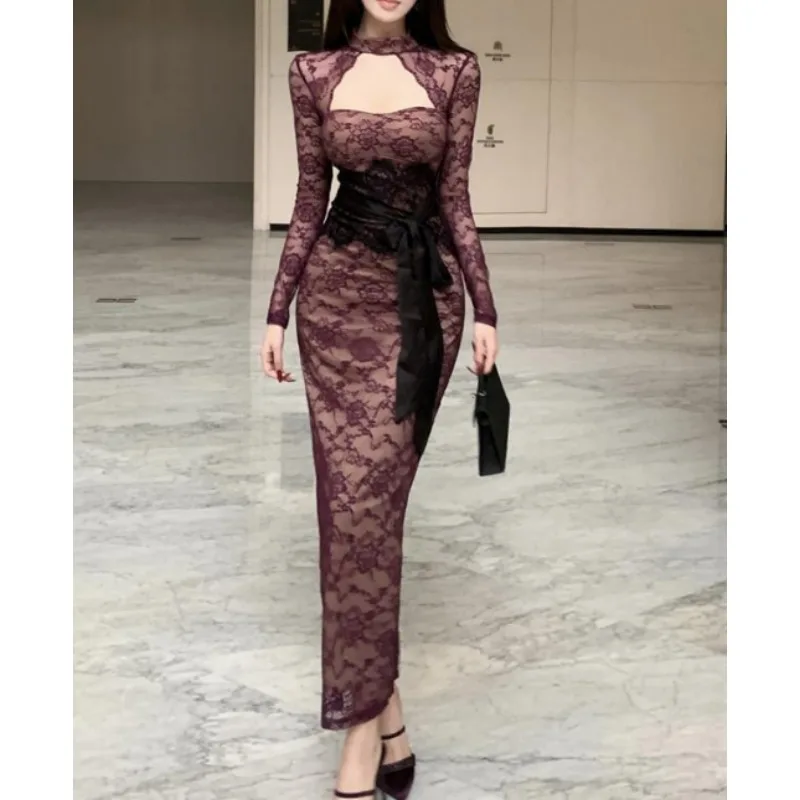 

2026 Autumn High-end Lace Leopard Print Fairy Dress New Niche Design Slim Fit Dress