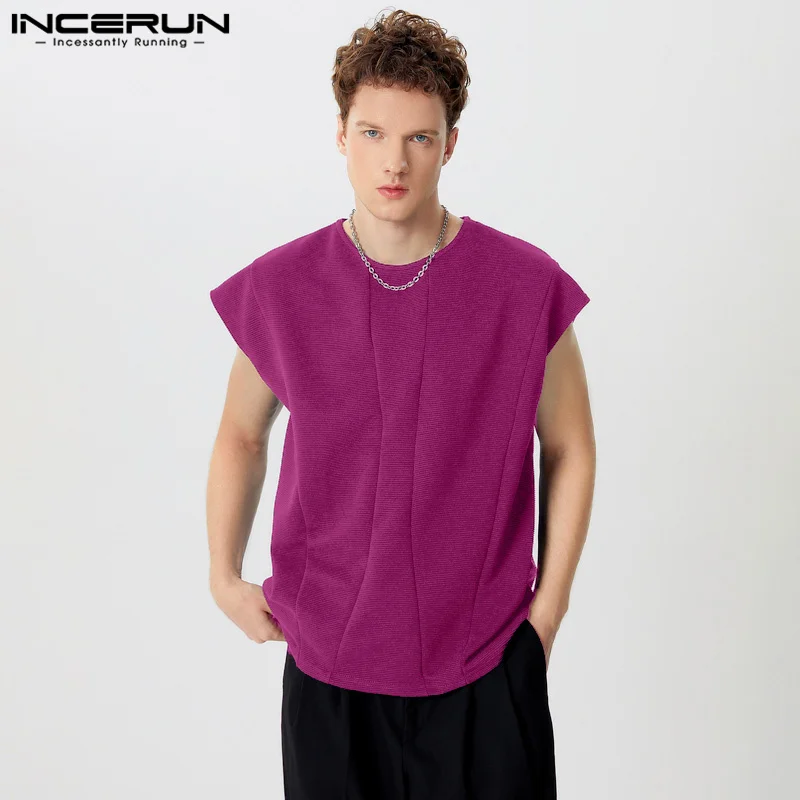 INCERUN Tops 2025 Korean Style Fashion Men's O-neck Texture T-shirts Leisure Streetwear Striped Patchwork Sleeveless Tees S-5XL