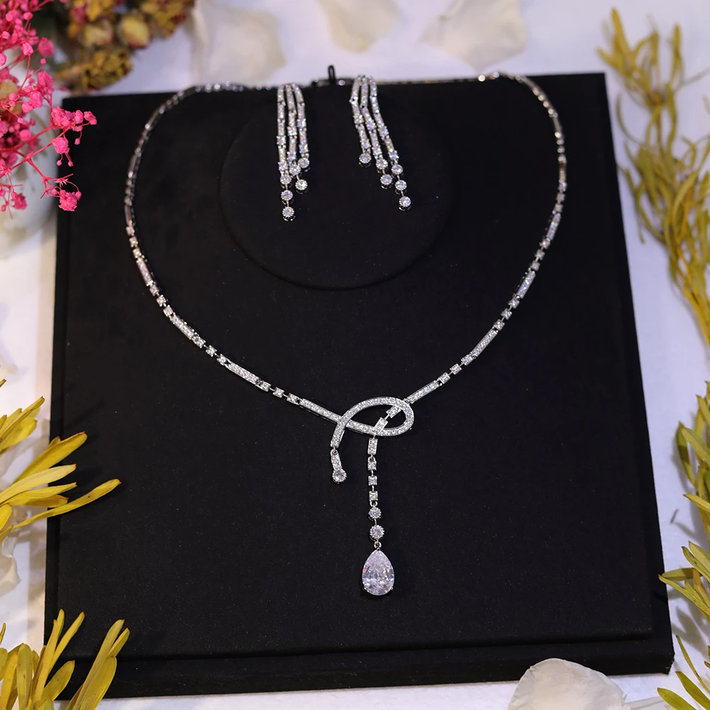 Simple Fashion Dangling Drop white Cubic Zirconia Women Party Wedding Necklace Bridesmaid Gift Brides Jewelry Sets Z016