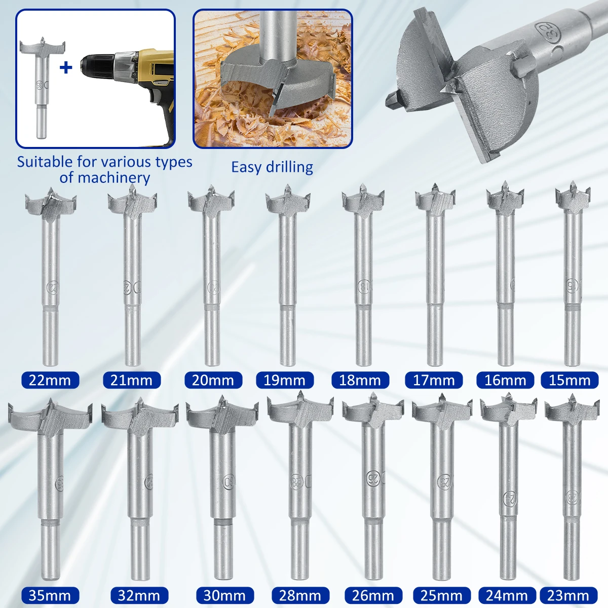 16Pcs 15-35mm Forstner Carbon Steel Boring Drill Bits Woodworking Self Centering Hole Saw Tungsten Carbide Wood Cutter Tools Set