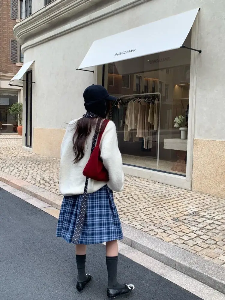 Retro American Blue Plaid Shape Puffy Skirt Spring Autumn New Design Lazy Midi Half Skirt for Women High Waist Polyester Fiber
