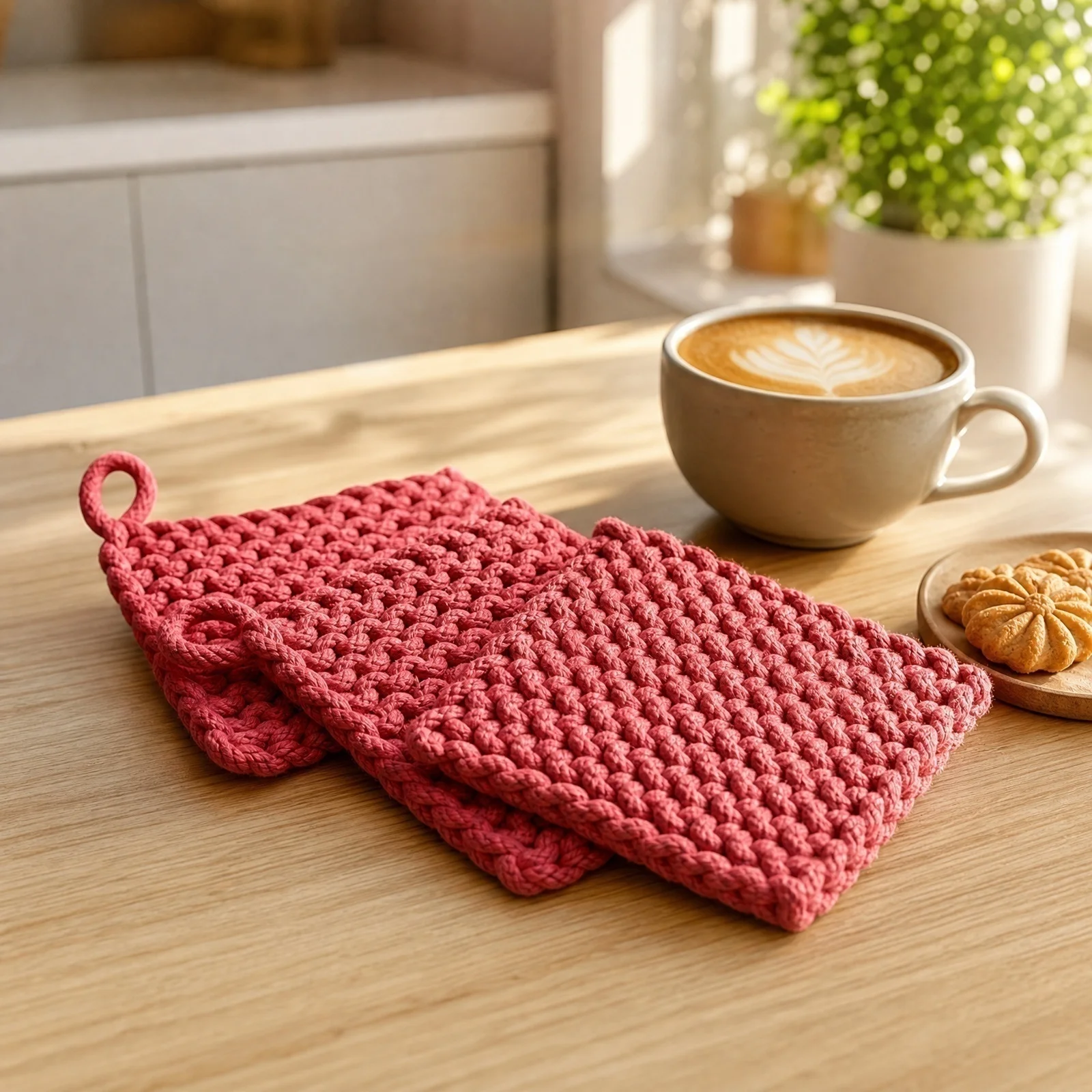 Square Crochet Pot Holder Set 3pcs 12cm Heat Resistant Bowl Coaster Anti Slip Trivet Mat Kitchen Cooking Tool