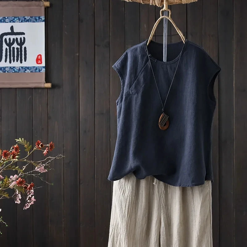الكتان القطن بلا أكمام تي شيرت المرأة الصيف فضفاضة عادية خمر الصينية زر القمم للسيدات TS-880