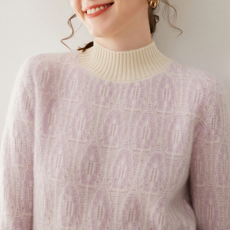 

Women's 100% Cashmere Half-High Collar Color-Block Jacquard Sweater Exquisite and Elegant Pullover Autumn Winter Knitwear Top