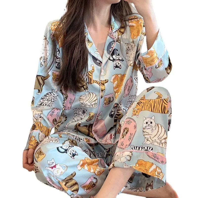 Pajamas for Female Spring and Autumncute Cat Cardigan Long Sleeved Pajamas Set Satin Loungewear Women Lingerie Kawaii Girl\'s Pjs