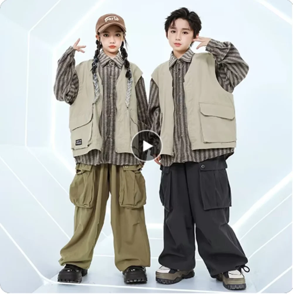 

Kids Hip Hop Dance Costume Boy Street Dance Stage Outfit Girls Fashion Kpop Jazz Dancewear Khaki Stripe Shirt Oversize Pants