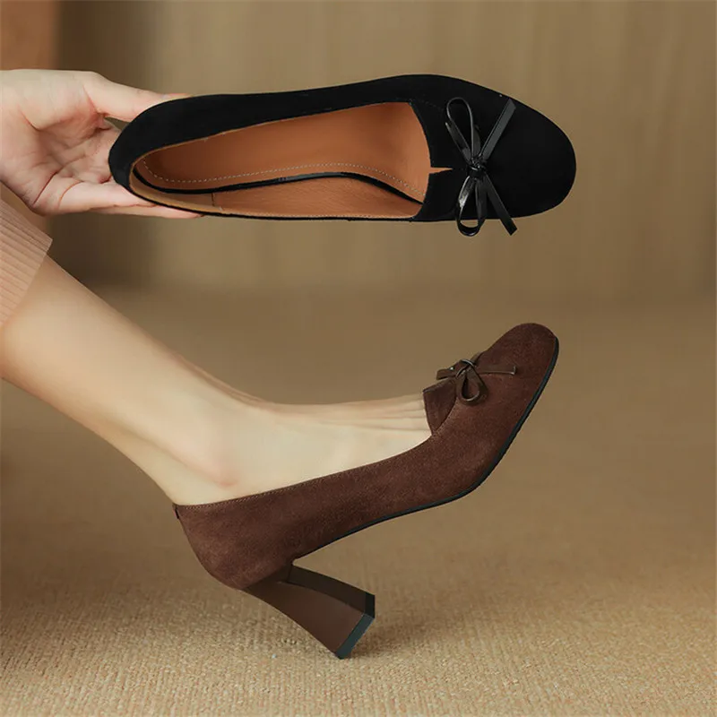 2024 New Spring Summer Sheep Suede Women Shoes Round Toe Women Pumps Shallow Loafers Shoes for Women Bow High Heels Ladies Shoes