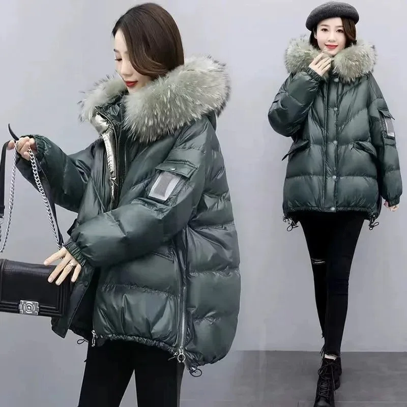 2025 Winter New Warm Down Cotton Jacket With Large Fur collar Hooded Coat Loose Women Thicken Parker Puffer Overcoat Casual wear