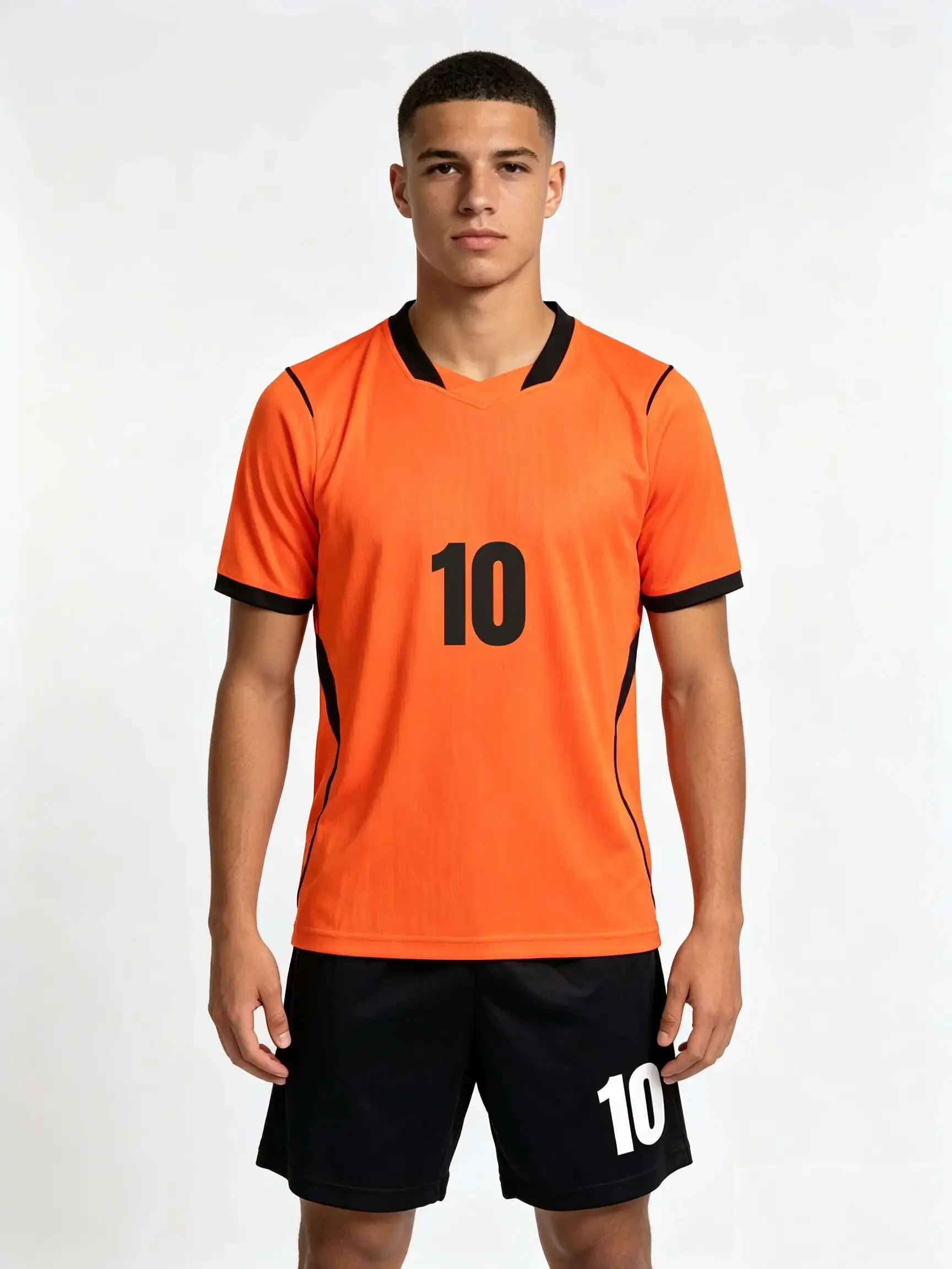 26/27 Unisex Blank Soccer 2‑Piece Set, Kids Adults Parent‑Child Kit, Custom No.1 7 8 9 10 Orange top and black shorts jersey set