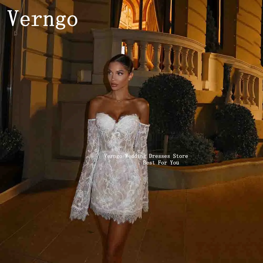 

Verngo Lace Sweetheart A Line MIni Party Dress Off The Shoulder Full Sleeves Prom Cocktail Dress Sexy Romantic Evening Dress