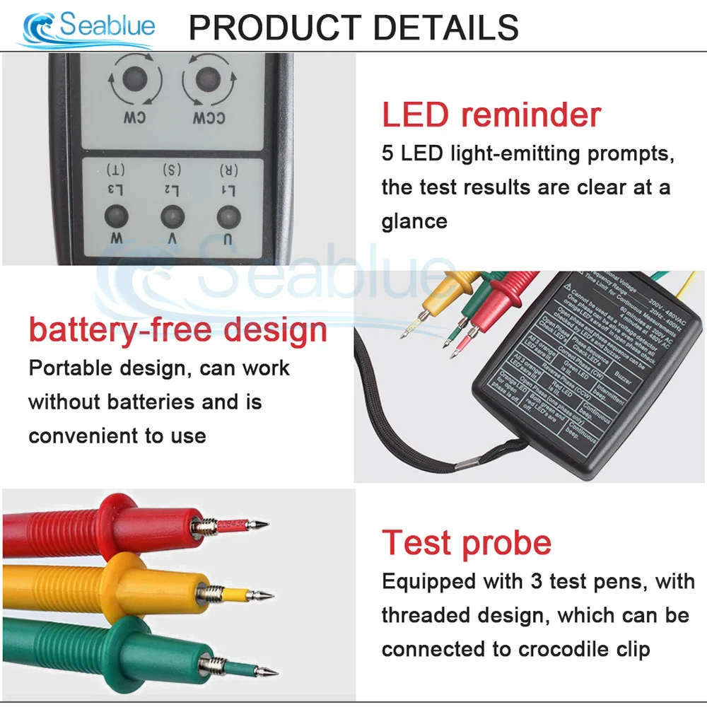 60-600V AC Smart Digital LED Three 3 Phase Rotation With LED Indicator Tester Detector Meter SP8030/SM852B With Portable Pouch