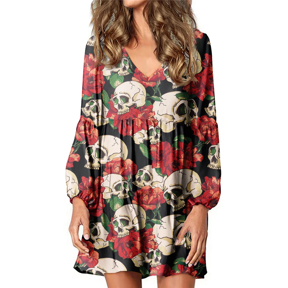 

Noisydesigns Sugar Skull With Rose Flower Printing Vintage Women Long Lantern Sleeves Comfort Fitness Deep V-Neck Vestidos Femme