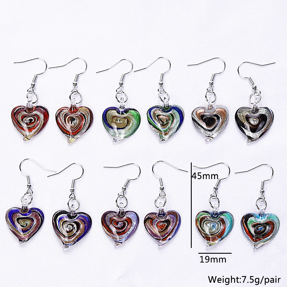 QianBei Promot Women Heart Handmade Murano Lampwork Glass Mixed Color Snacks Charms Beauty Silver Plated Earring Hot