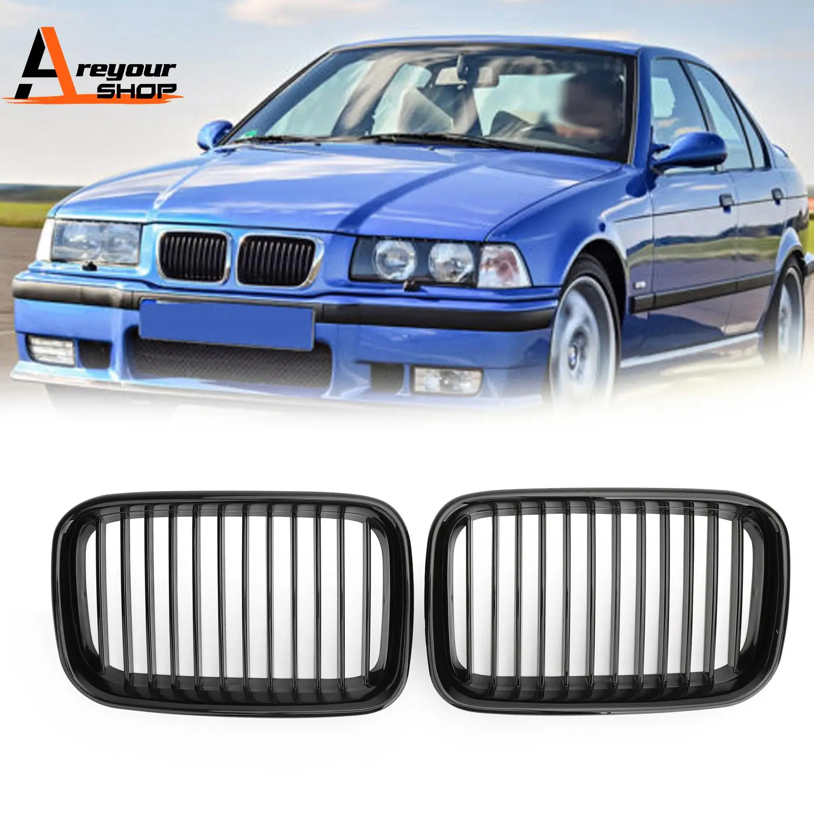 Kidney Sport Hood Grill Grille for 1992-1996 BMW E36 318i 325i Glossy Black