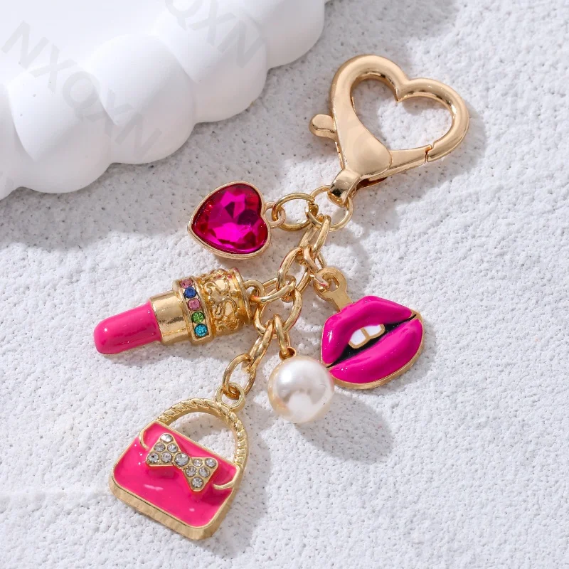 جميلة روز الأحمر حقيبة الشفاه طيور النحام أحمر الشفاه المينا المفاتيح جميل القلب الحيوانات حلقة رئيسية للنساء الفتيات اليدوية طقم مجوهرات #3