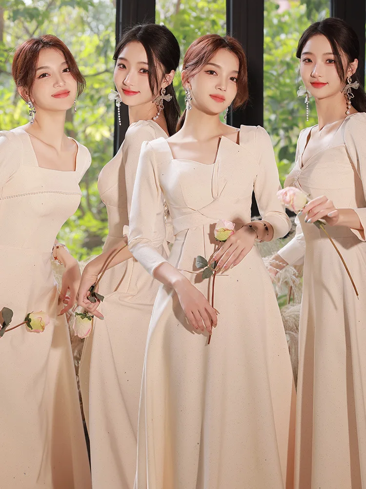 

4 Styles Simple Solid Bridesmaid Dresses Women's Autumn Winter Square Collar Half Sleeve Ankle-Length Wedding Party Guest Dress