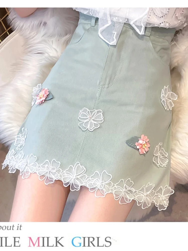 

SMTHMA New Autumn Summer Super Immortal Temperament Sweet Skirt Women's 3D Three Dimensional Flower Decoration Skirt Girl