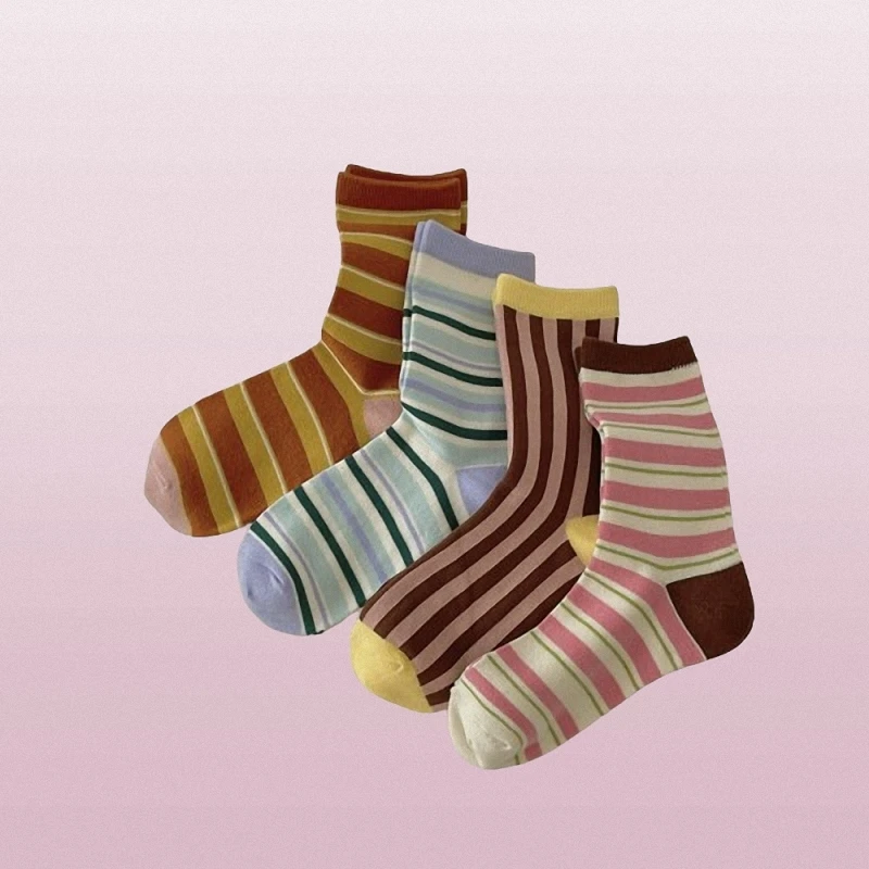 Chaussettes mi-tube en coton peigné pour femmes, chaussettes carillon décontractées, bonbons désossés, chaussettes rayées, haute qualité, printemps et été, 4/8 paires