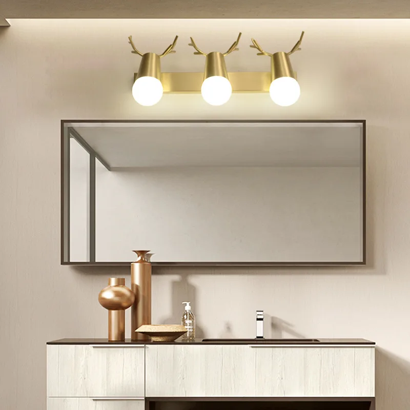 Nordic All Copper Antlers Wall Lamps Mirror Headlight Living Room Stair Bedroom Bedside Study Creative Deer Head Sconces Lights