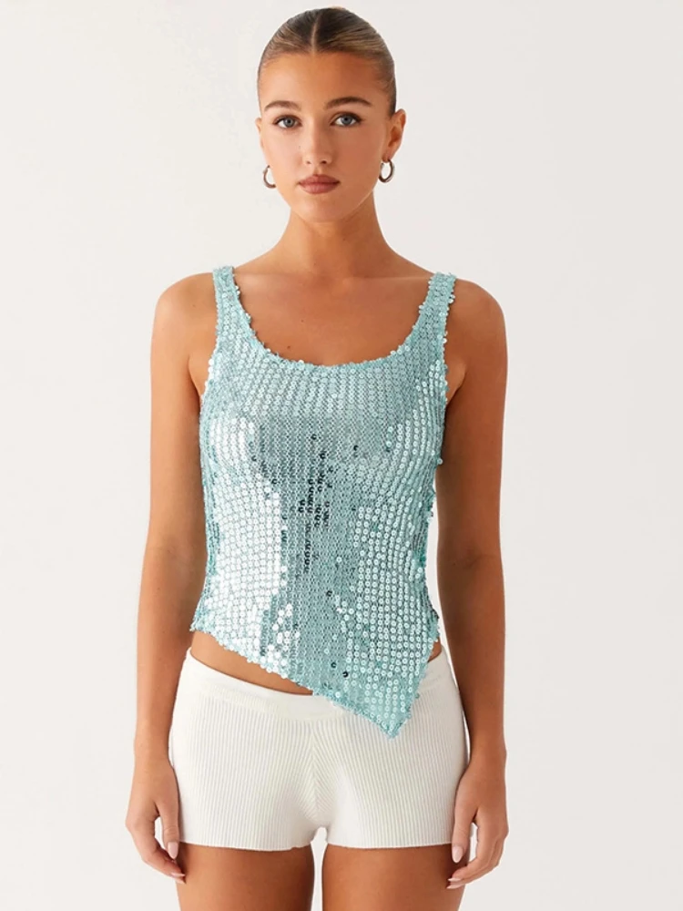 Sequined Tank Top Solid Crop Top Women Edgy Clothes Y2k Accessories Camison Verano Cute Tops Korean Fashion Clothing Ropa Mujer