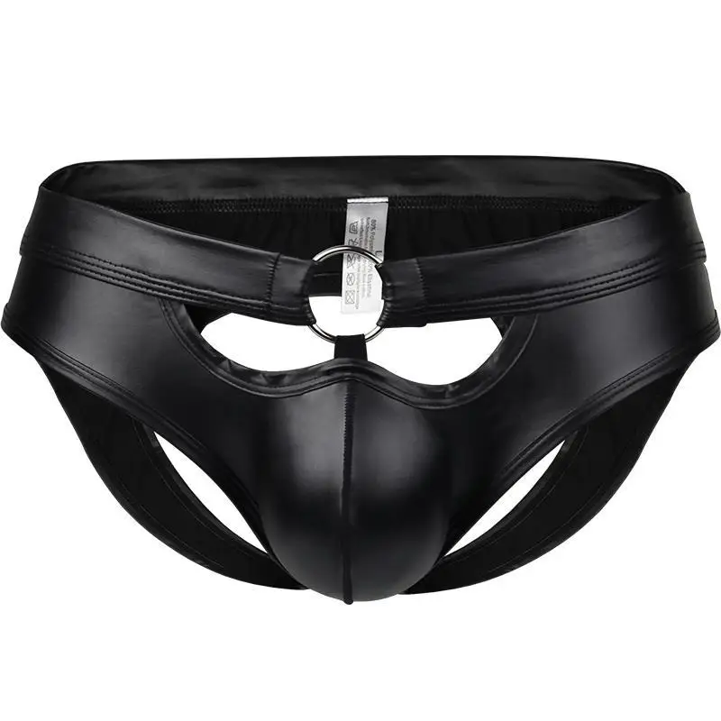 

Men's triangle underwear imitation leather bag hollow tight double thong feeling nightclub stage patent leather T-shirts