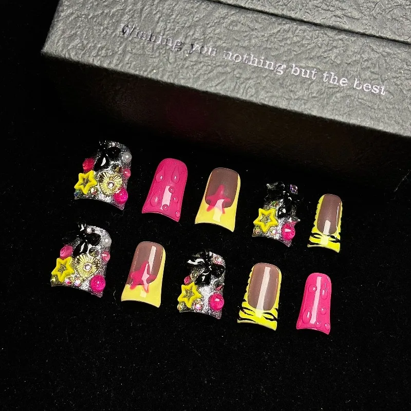 

10PCS Handmade Y2K Style Punk Nails Neon Pink Yellow Duckbill Press on Nails 3D Star Bow Drip Design Hot Girl Edgy False Nails