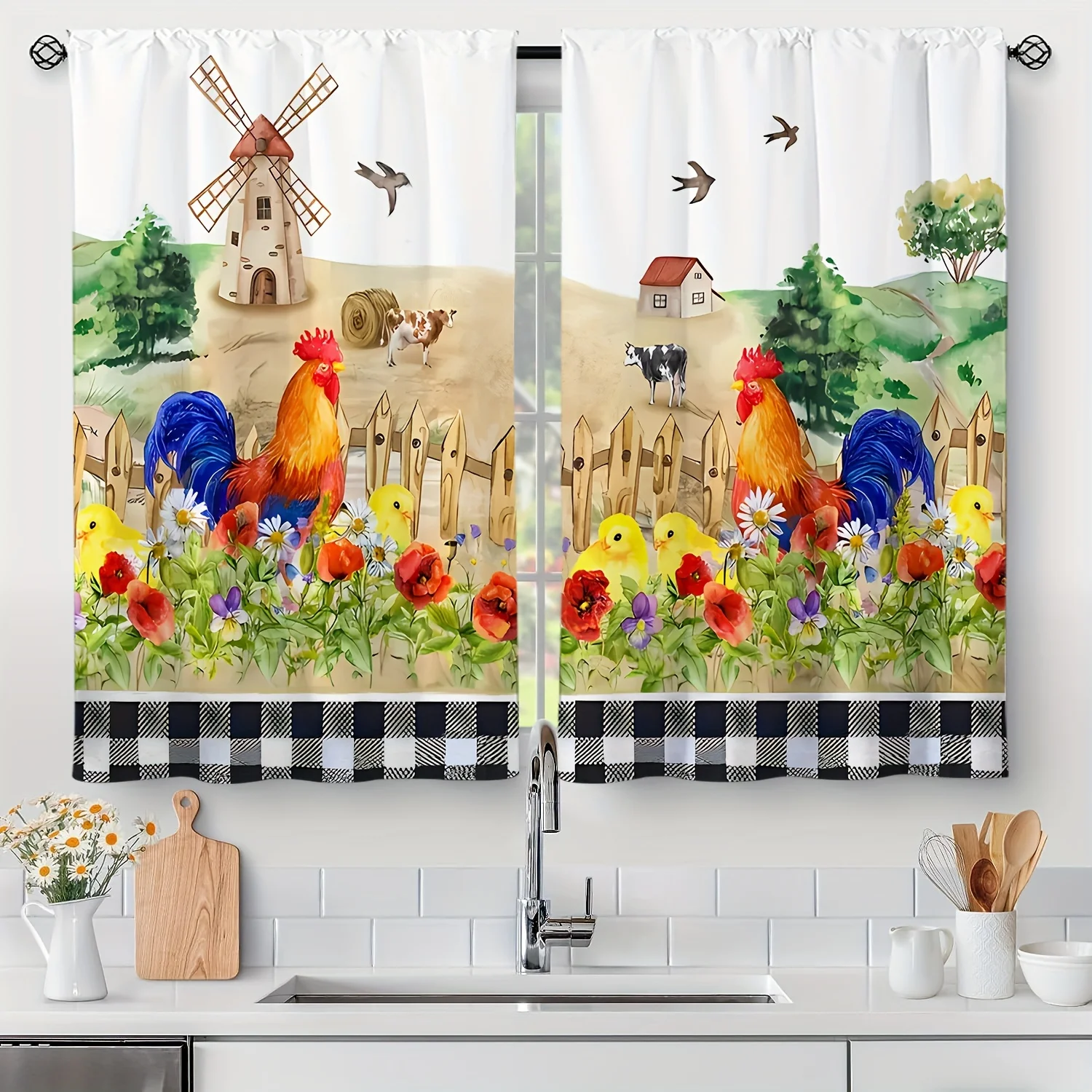 Rustic Valance Chicken Tier Pastoral Farmhouse Kitchen Curtains Window Treatment for Bedroom Living Room Cafe Home Decortion