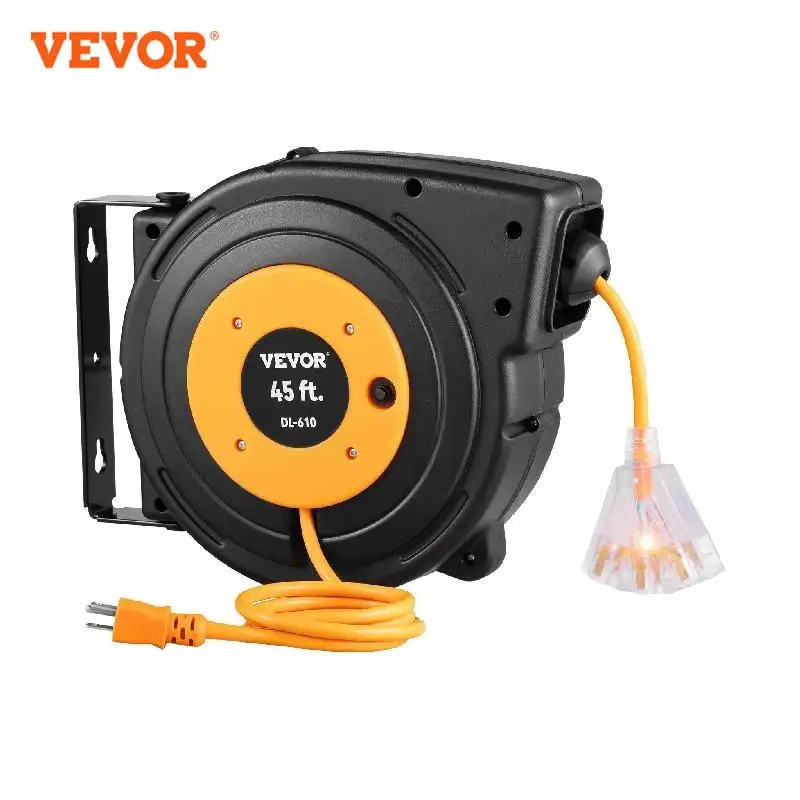 

VEVOR Retractable Extension Cord Reel 45/50/65 FT with Lighted Triple Tap Outlet&180° Swivel Bracket Black Heavy Duty Power Cord