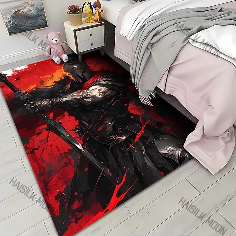 1PC Black-Armored Warrior Blazing Flames Print Carpet for Living Room Bedroom Sofa Home Decor Rus Non-slip Floor Mat Luxury Gift