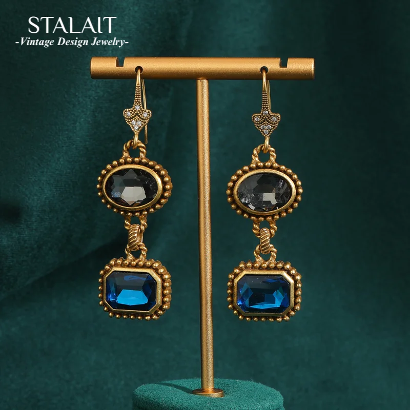 

Vintage Blue Drop Earrings Rhinestones Black Crystal Square Woman Antique Luxury Quality Jewelry Gold Color Summer Accessories