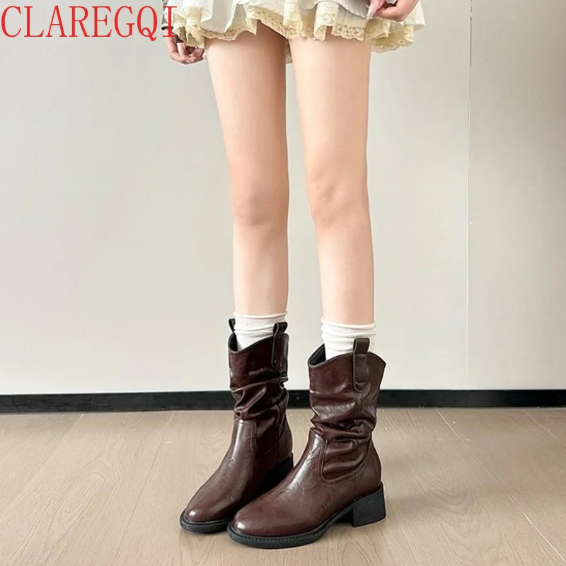 Fall Boots For Women 2026 Retro Folds Piles Brown Ankle Bootsfor Women Lncrease The Height Of Maillard Black Fur Boots