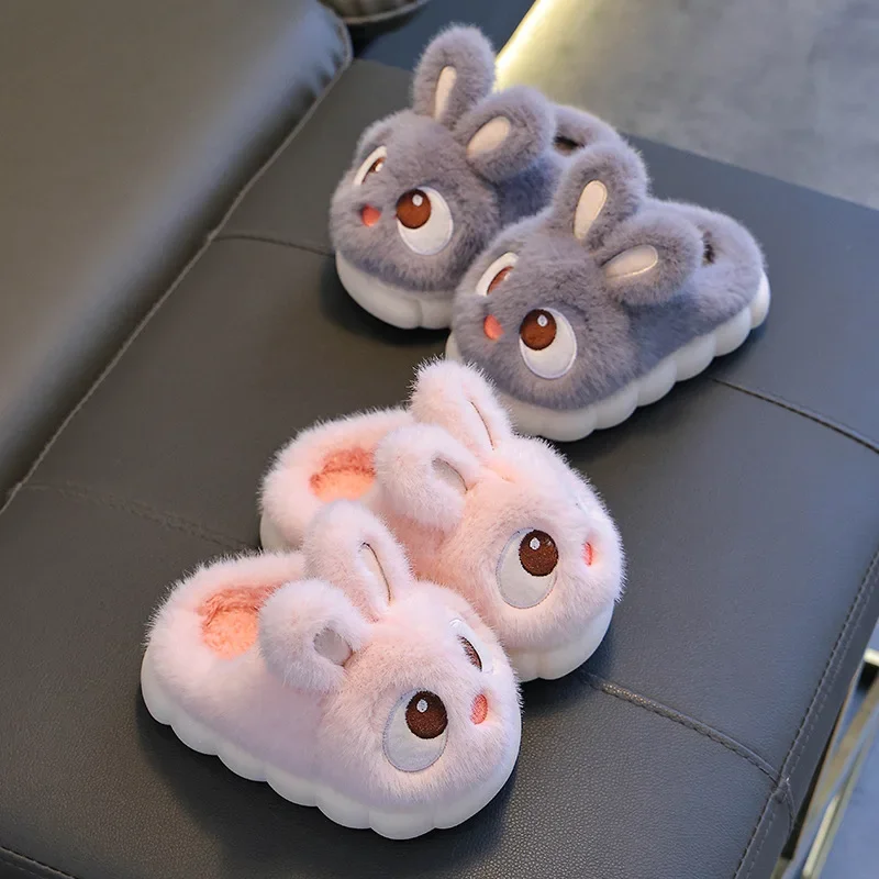 Children Fluffy Slippers for Girls Winter New Cute Big Eyed Rabbit Indoor Home Cotton Shoes Warm Non-slip Boys Cotton Slippers