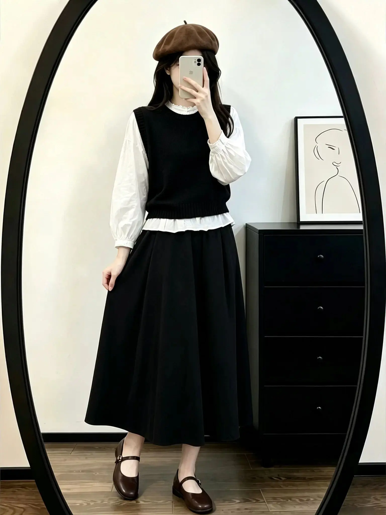 Korean Style Fashionable Three-Piece Set Women's Early Autumn Vest Shoulder Pad Long Sleeve Shirt Half Skirt Beautiful